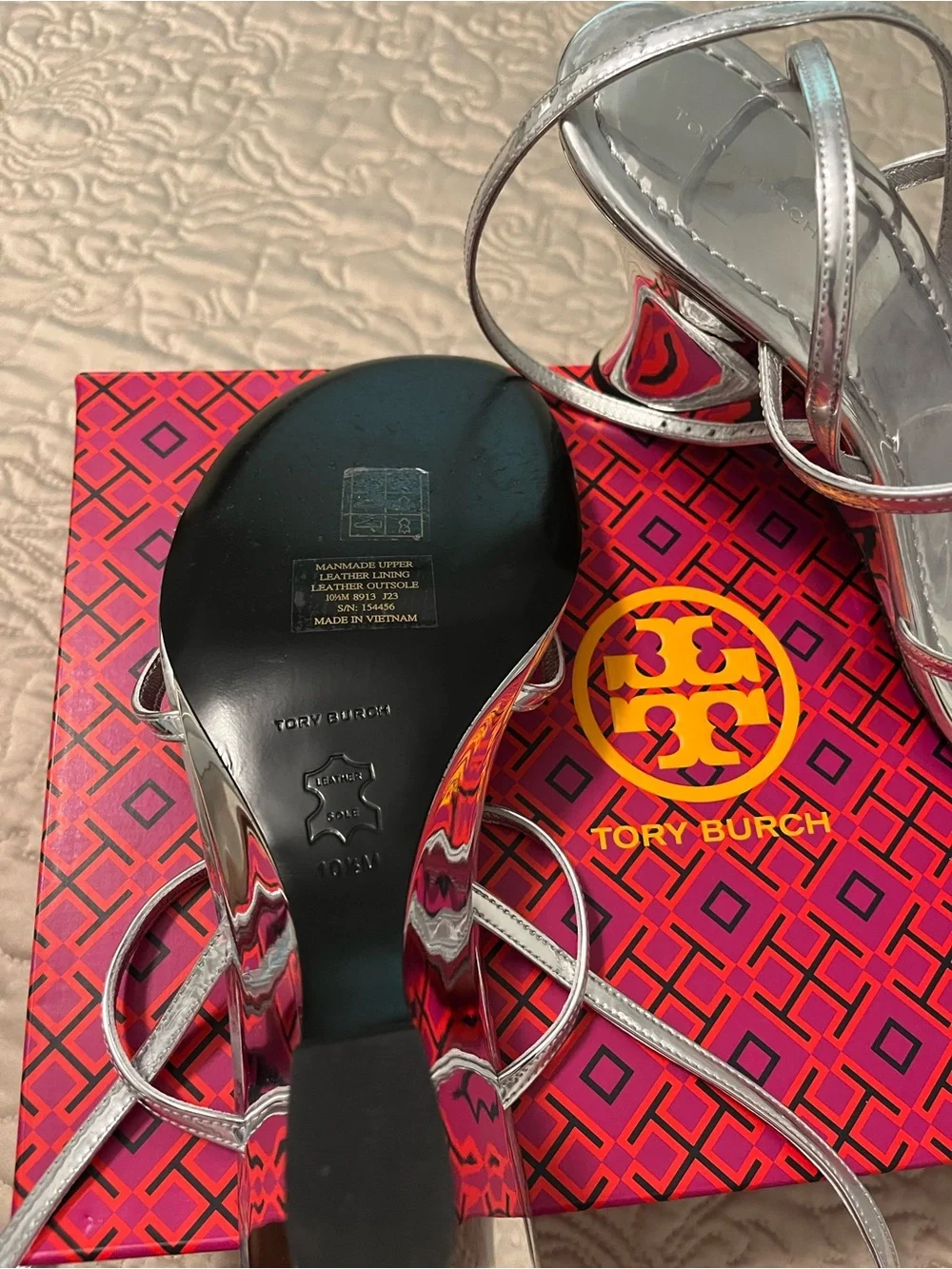 Tory Burch Metallic Silver Logo Strappy Sandals